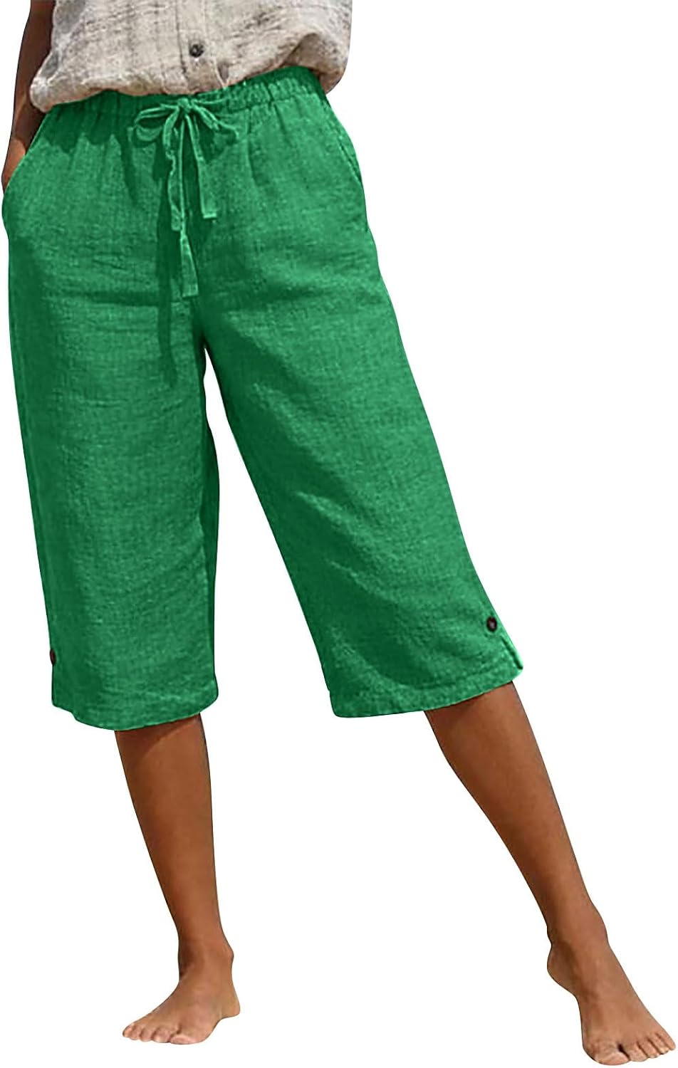 Cotton Linen Capri Pant for Women Casual Summer Drawstring Elastic Waist Cropped Capri Shorts with Pockets