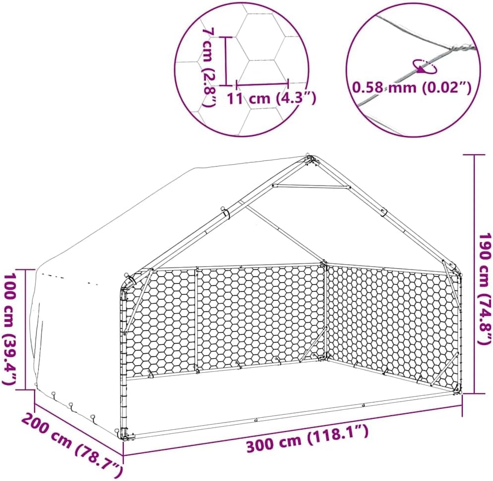 Diagram showing kennel dimensions and close-up of hexagonal mesh pattern