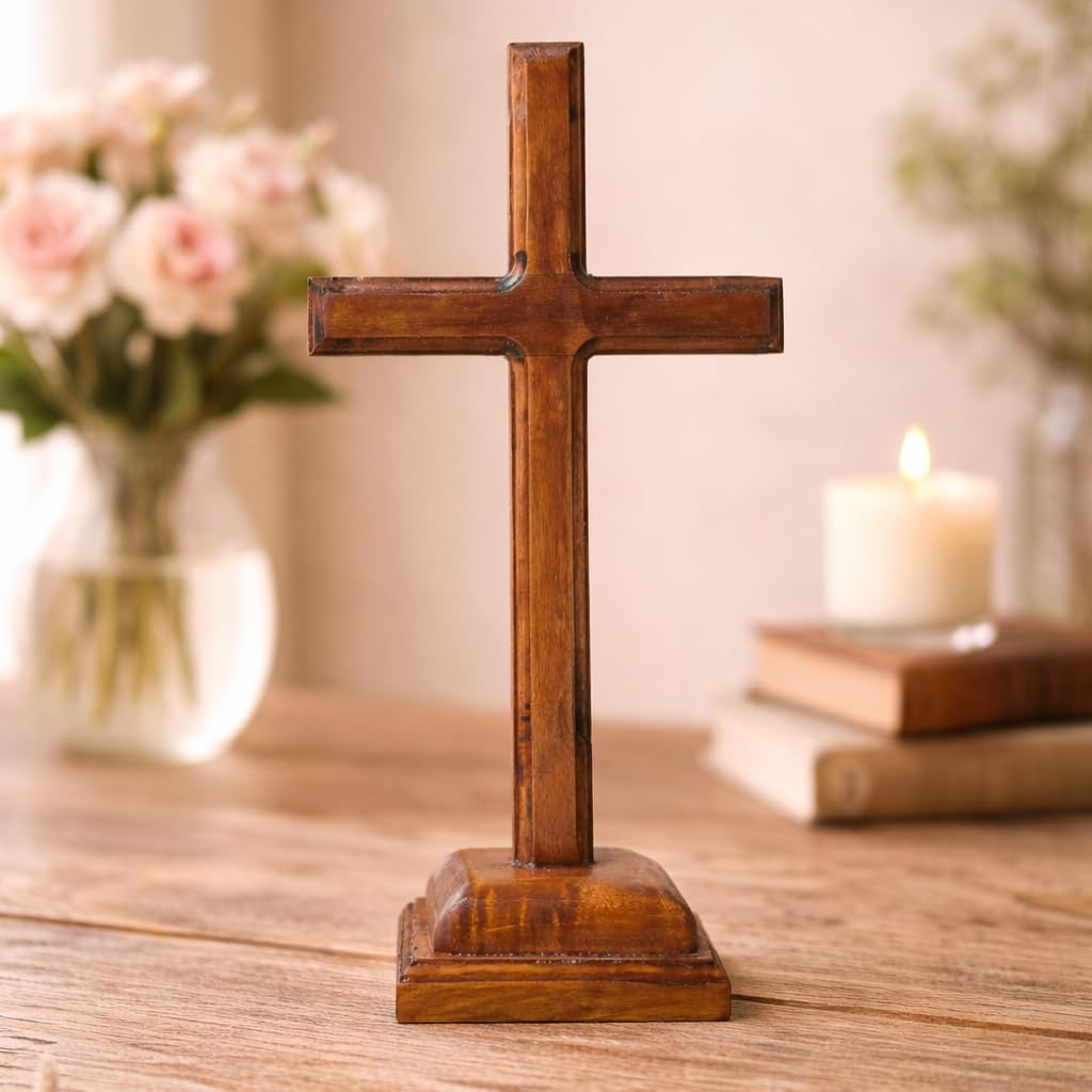 Crib factory Stepped Edge Cut Design Wooden cross with square base for Home, Church, or Office | 30X16.5X10CM (Oak Yellow)-image-25