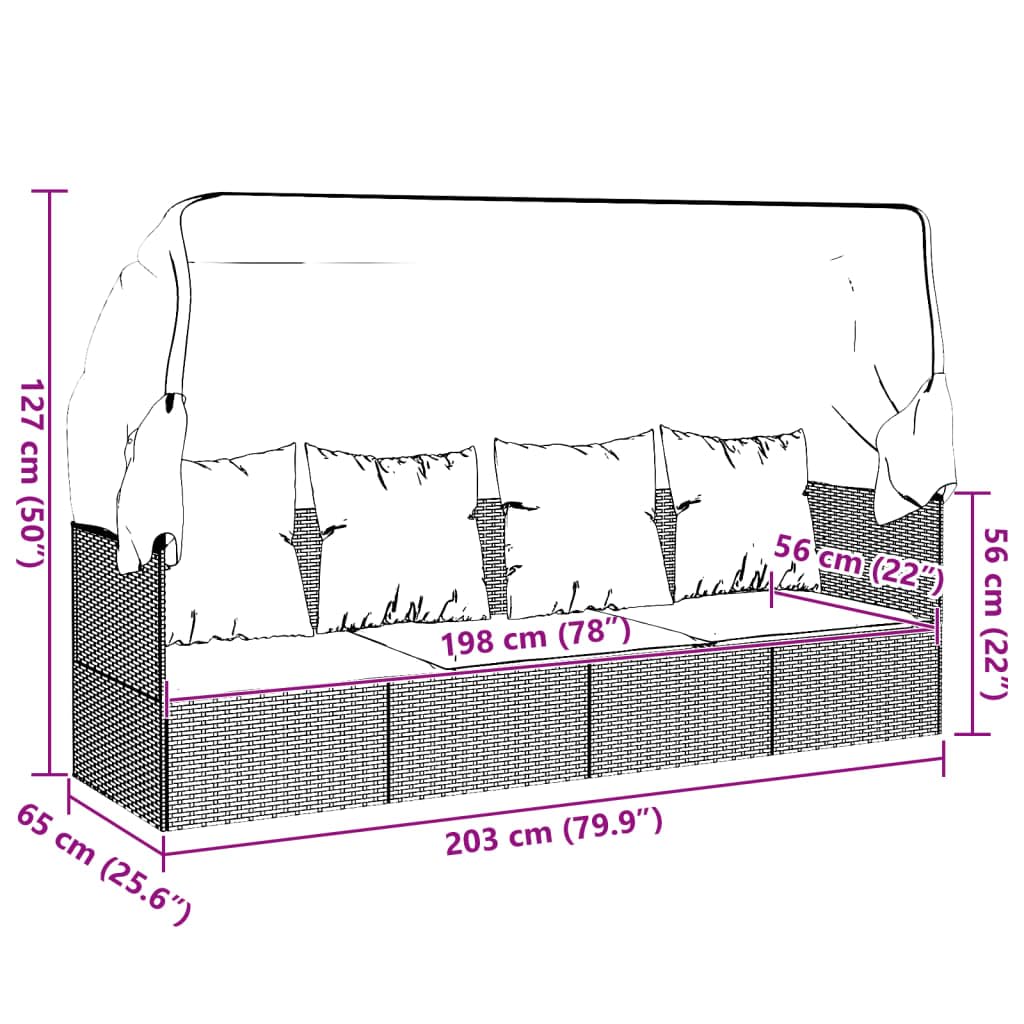 IKAYAA Gartensofa mit Liegefunktion Gartensofa mit Sonnendach Loungebett Outdoor Rattan Sofa 3 Sitzer BalkonSofa Gartenbett-Grau