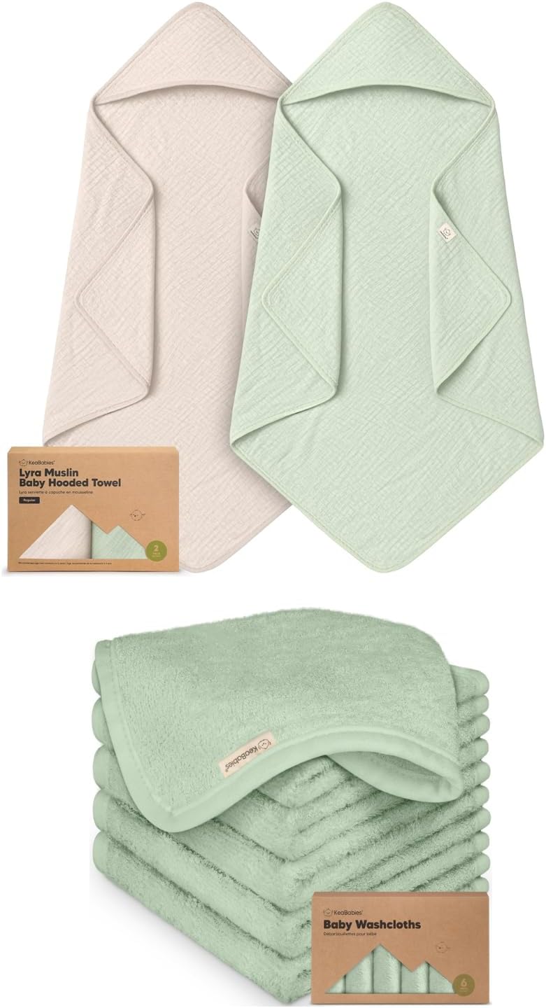 KeaBabies 2-Pack Muslin Hooded Baby Towels for Girls, Boys, and Baby Washcloths for Newborn, Toddlers - 100% Cotton Infant Bath Towel with Hood, Soft & Absorbent Washcloths for Toddlers