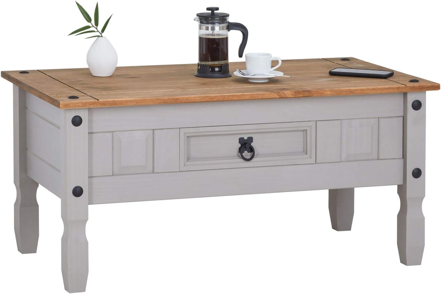Corona Coffee Table Grey 1 Drawer Mexican Waxed Pine, Solid Wood Occasional