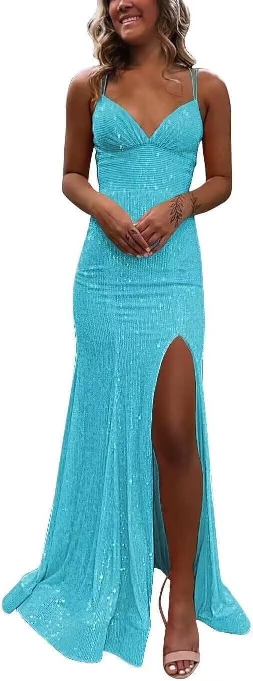 Spaghetti Strap Sparkly Sequin Mermaid Prom Dress with Slit Long Corset Formal Dress Evening Gowns