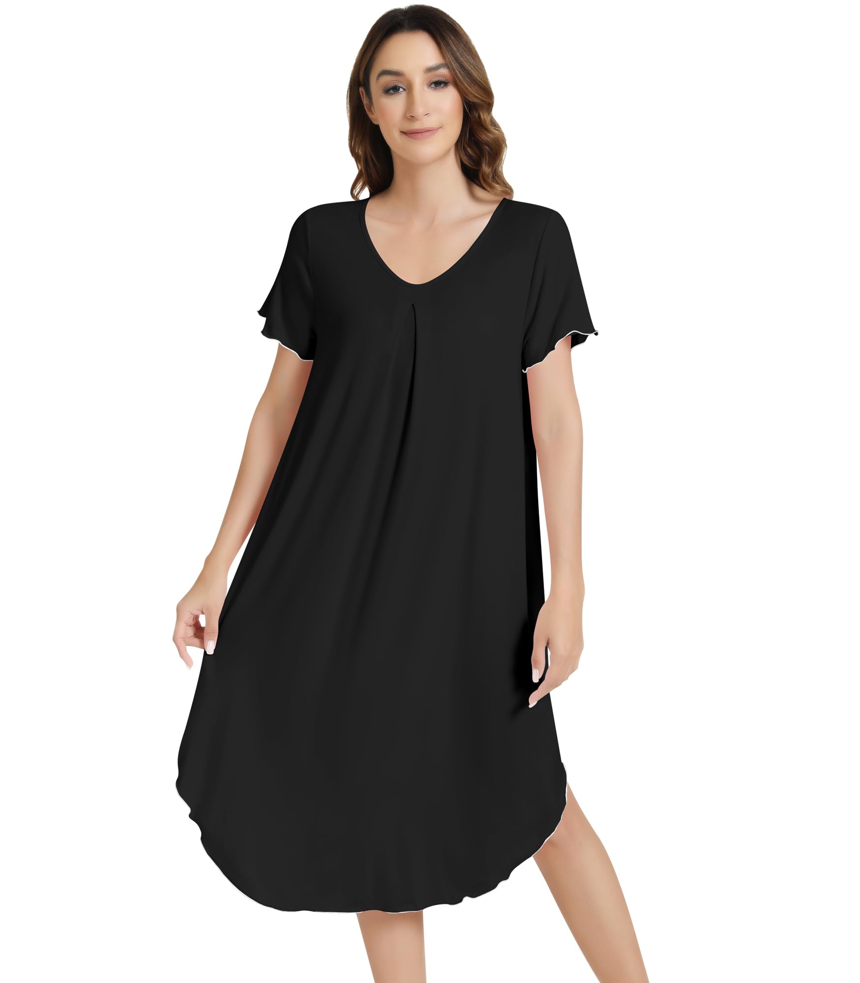 NACHILA Bamboo Viscose Nightgowns for Women Short Sleeve V Neck Sleepwear | Calf Length Nightgowns, Tagless V-Neck Sleepshirt, Pleated Chest Design, Comfortable Short Sleeves, Loose Fit