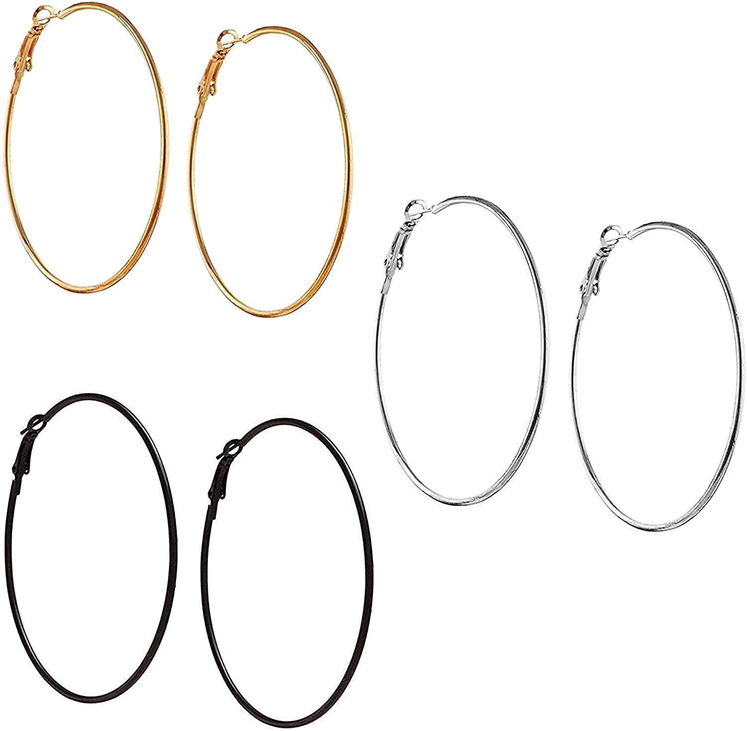 Honbon Combo of 3 Pairs Big Hoop Earrings Silver Golden Black Stainless Steel Ear rings for Women and Girls (B092TPC6X3) Amazon Price History, Amazon Price Tracker