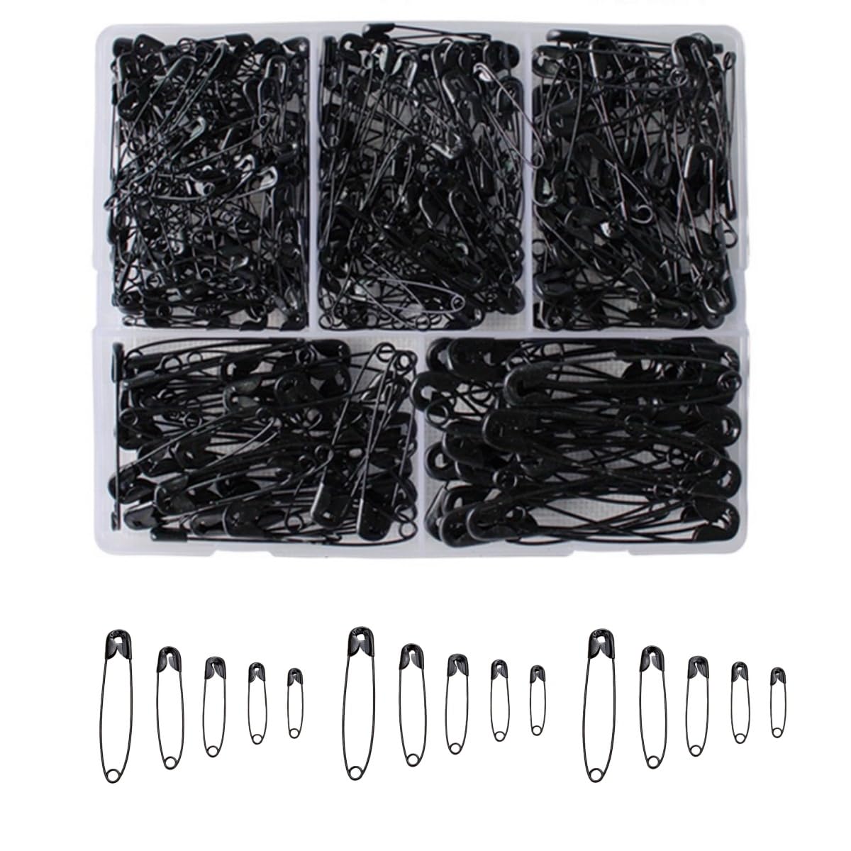 340 Pcs Safety Pins, 19mm 27mm 32mm 36mm 45mm 54mm Assorted Sizes Small Medium Large Safety Pins for Clothes, Arts & Crafts, Sewing and Pinning (Black)