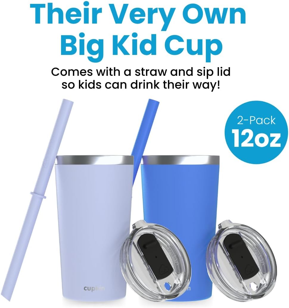 CUPKIN Toddler Tumblers, The Original 12 oz Stackable Stainless Steel Cups, Set of 2 Powder Coated Insulated Kids Water Bottle Alternative & BPA Free Lids + Reusable Silicone Straws (Blue + Gray)