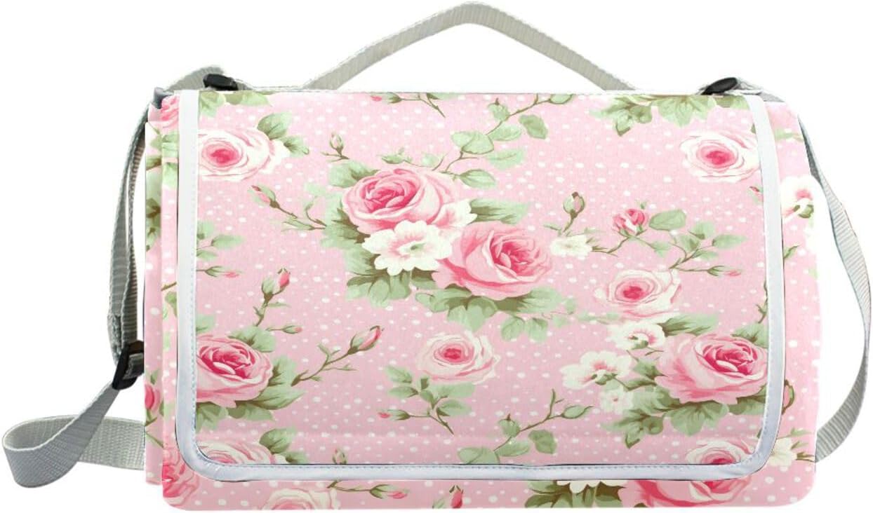 MNSRUU Picnic Blanket Waterproof Foldable, Vintage Pink Rose Large Outdoor Picnic Blanket Beach Blankets Camping Blanket Travel Mat, Shoulder Strap Tote, Rectangle 57x59in