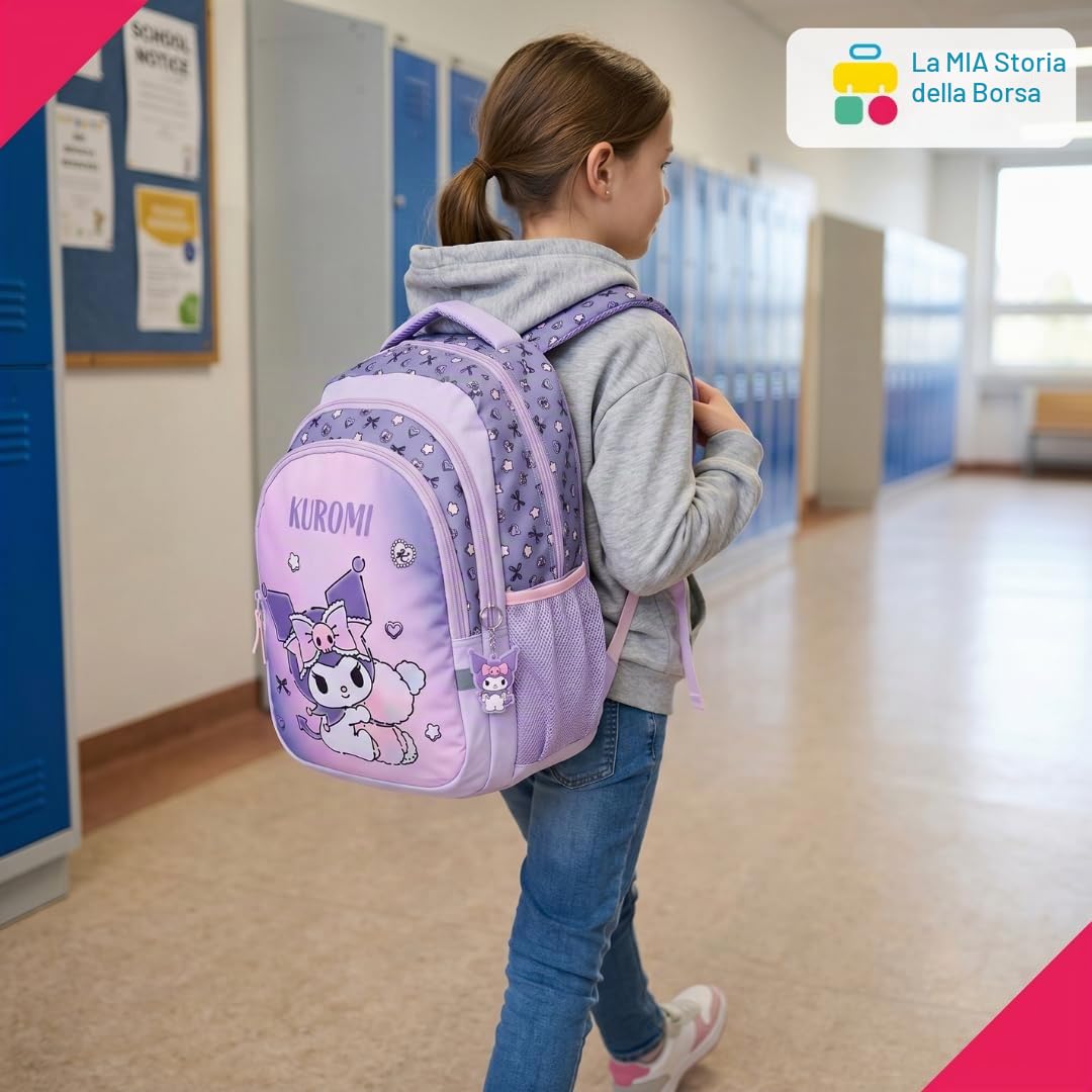 mybagstory Zaino Kuromi Viola Ufficiale Sanrio | Zaino scolastico grande capacità per la scuola elementare | Zaino Kawaii leggero e resistente | Idea regalo per rientrare e tempo libero da 5 anni