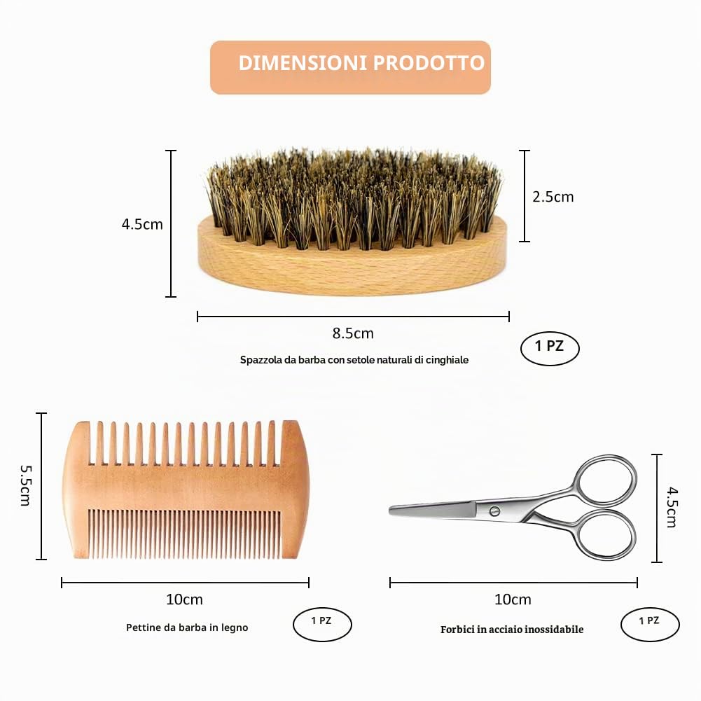 Spazzola Barba,Spazzola per Barba Uomo,100% Setole di Cinghiale,Pettine,Forbici (3pcs)