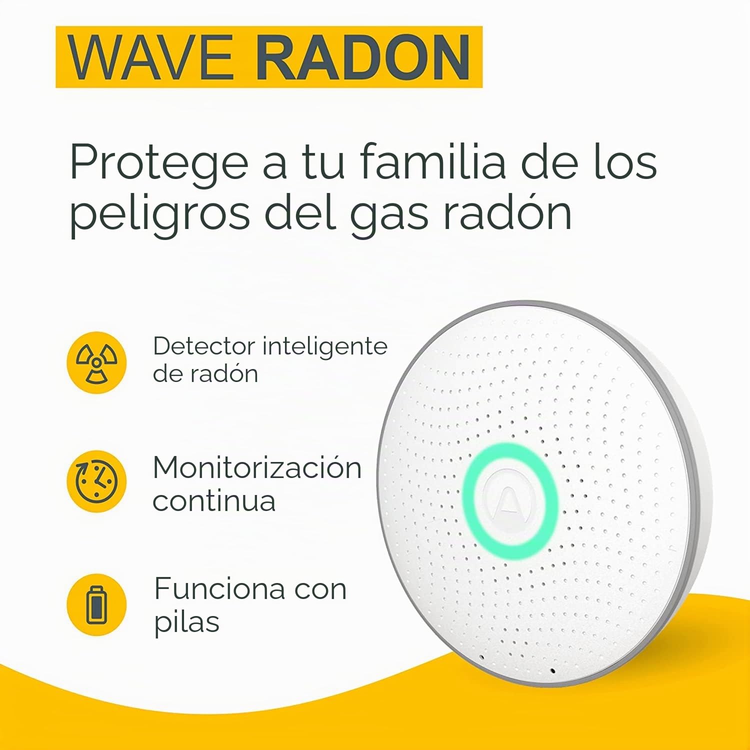 Airthings 2950 Wave Radon Detector Inteligente de Gas Radón con Monitor de Humedad y Temperatura, Preciso, Intuitivo e Inalámbrico, New Version