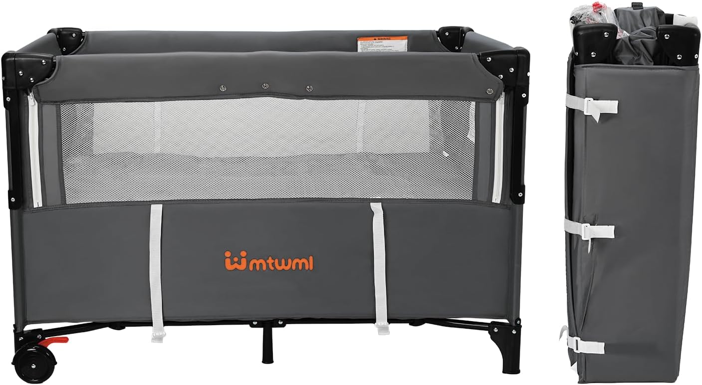MTWML Portable Baby Bassinet,3 in1 Bedside Crib and Baby Playard & Changing Table with Wheel,1-Second Setup Foldable Playpen with Travel Bag Mosquito Net for Newborn Toddler (DeepGrey)