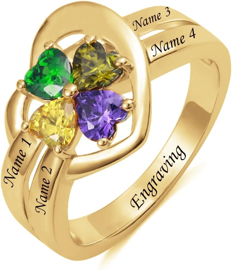 10K 14K 18K Real Gold Customized 1-6 Heart Birthstone Ring,Personalized Name Rings with Simulated Birthstones for Women,Mothers Day Ring Family Couples Jewelry Gifts for Mom Grandma Wife Girlfriend