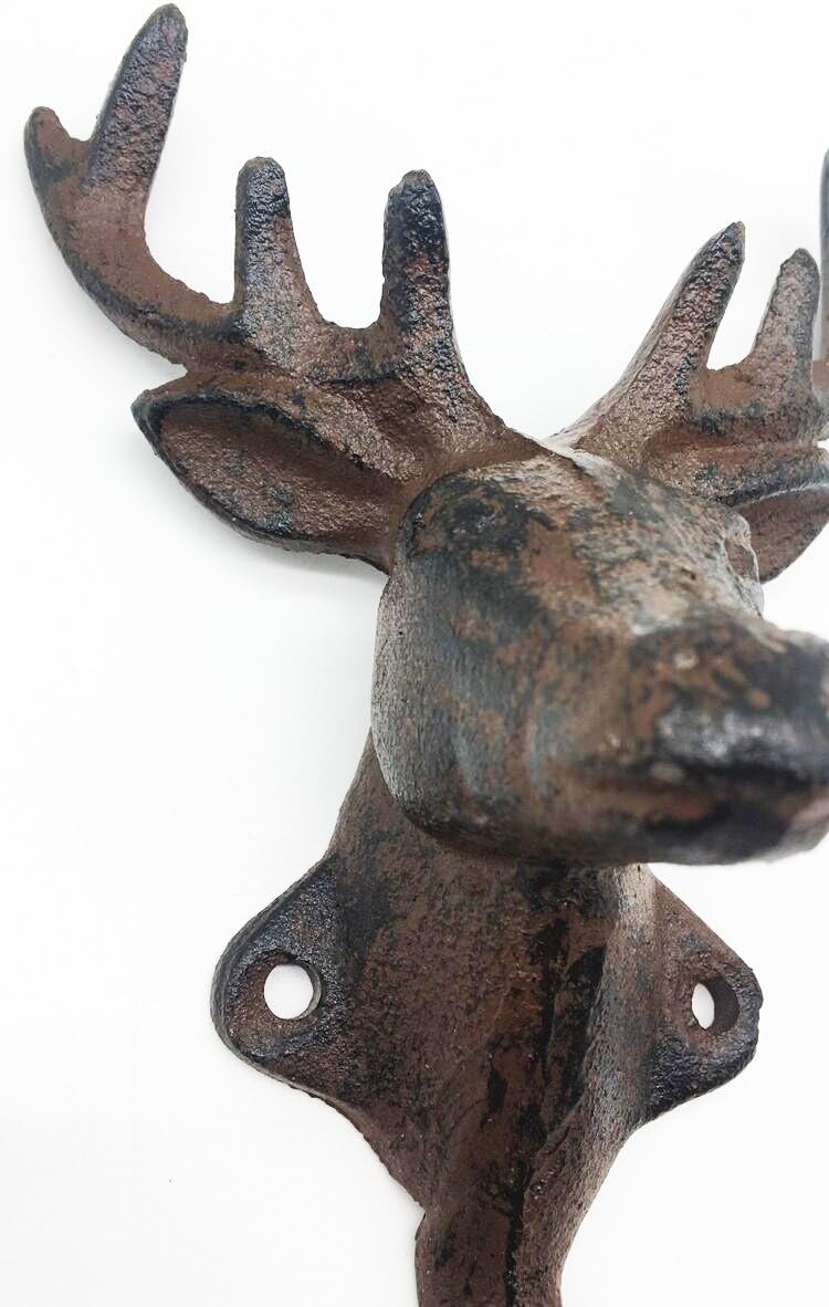 Cast Iron Rustic Deer Head Design Wall Hanger Vintage Design Hooks Keys Towels Hook Metal Wall Mounted Heavy Duty Moose Decorative Gift Idea image 4