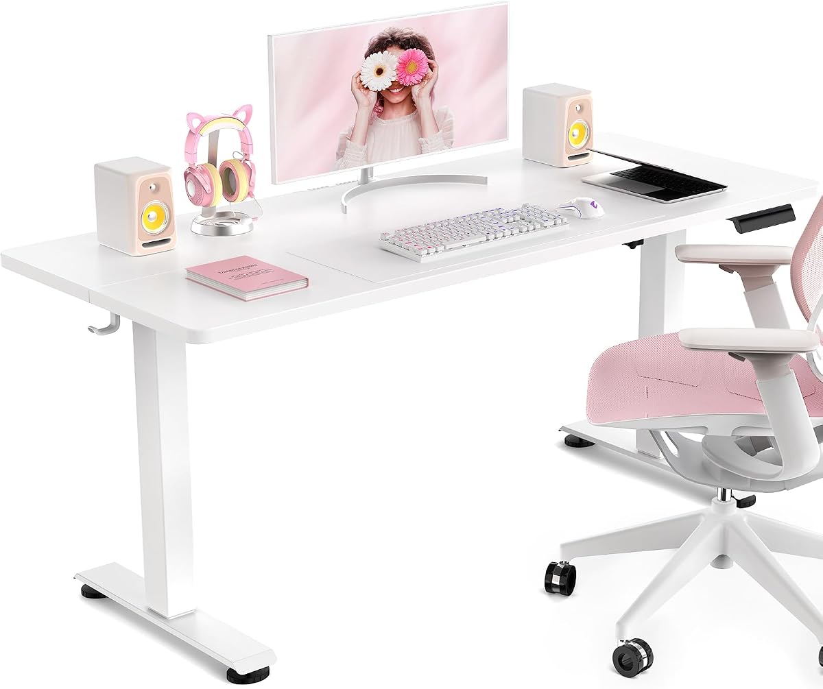 Veken 47.2 Inch Large Electric Standing Desk, Gaming Table, White | Height Adjustable Sit Stand Up Computer Tables for Home Office, Study , Writing, Suit students, employees and group work