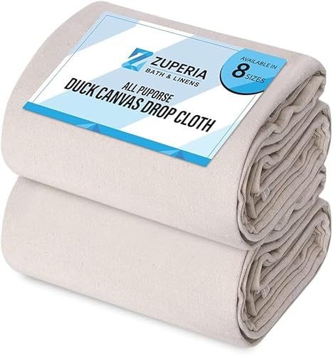 ZUPERIA Canvas Drop Cloth (Size 4 x 10 Feet - Pack of 2) - Pure Cotton Painters Drop Cloth for Painting, Furniture & Floor Protection - All Purpose Thick Canvas tarp with Double Stitched Edges