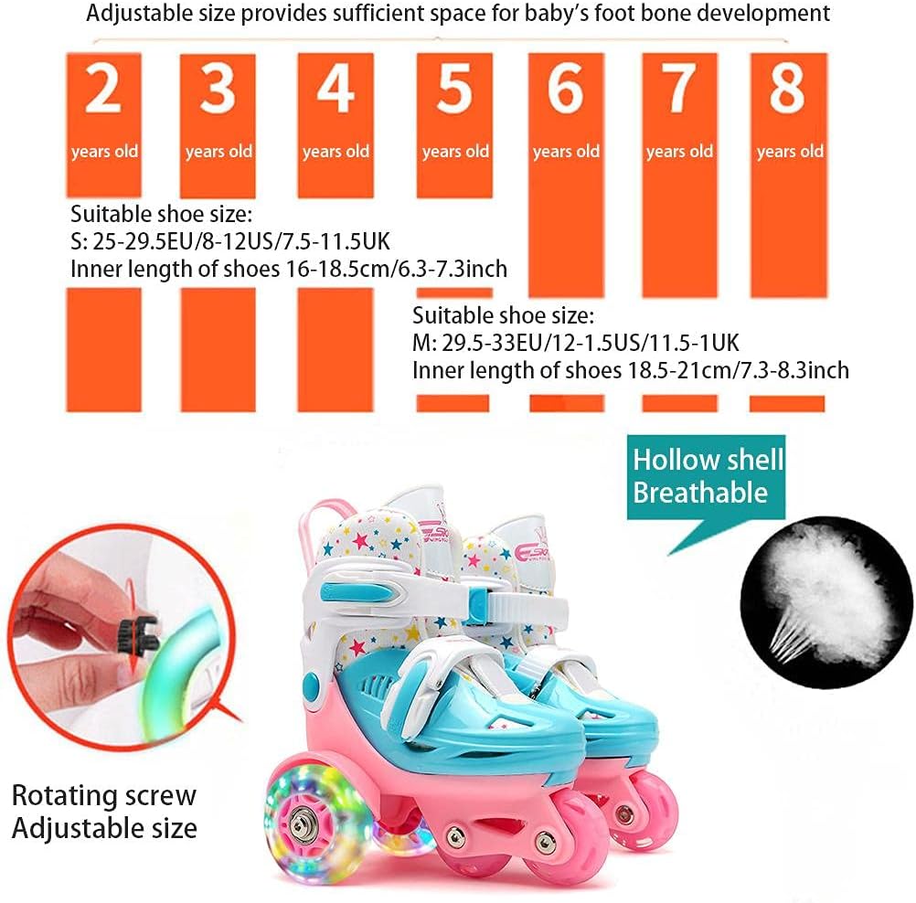 RiToEasysports Kids Quad Roller Skates, Three Point Balance Support Design Size Adjustable Double Brake Luminous Wheels High Top Boots Inner Length 5.9-8.1inch for Boys Girls (Pink2)