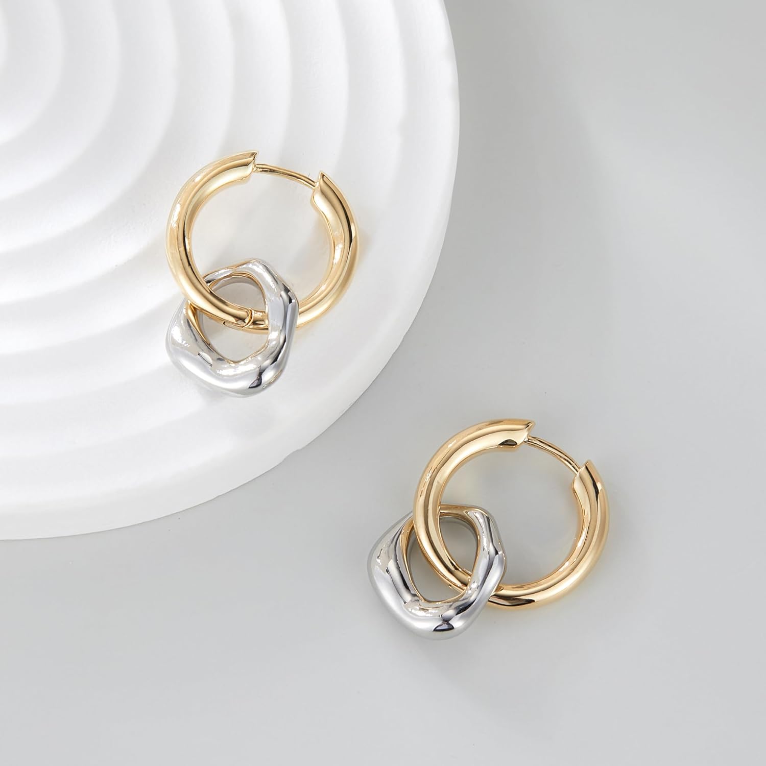 Gold Chain Dangle Earrings for Women, Two Tone Gold Silver Hoop Earrings Studs Lightweight Hypoallergenic Statement Earrings Jewelry - Image 4