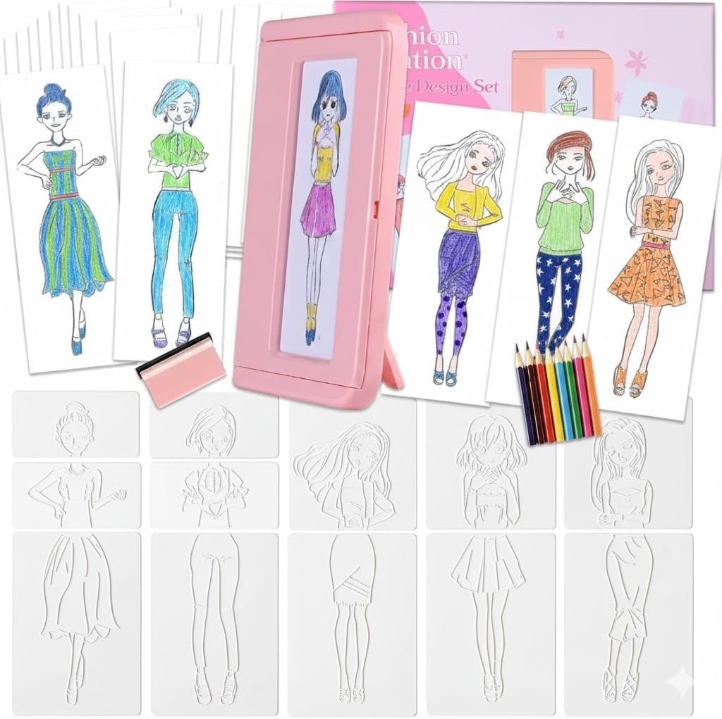 Pink Fashion Design Drawing Kit for Girls, 15 Double-Sided Rubbing Plates with Crayons, Colored Pencils, Paper & Display Frame, DIY Arts and Crafts Sensory Activity, Creative Gift for Kids Ages 3+