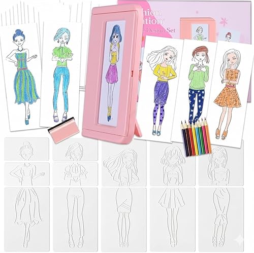 Miniatura 2 de Kit de dibujo de diseño de moda rosa para niñas, 15 platos de frotamiento de doble cara con crayones de colores, lápices de colores, papel y marco