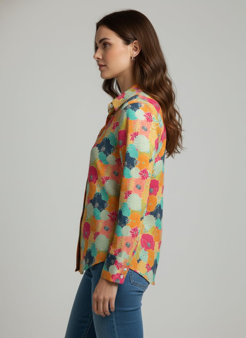 ANNI Designer Bedrucktes Hemd aus Baumwollmischung für Damen, langärmelig, normale Passform, Kragen, lässig, Bürokleidung, stilvolle Westernkleidung für den Alltag, Hochzeit, Party