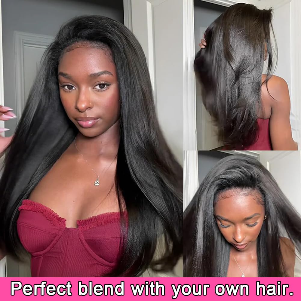 Kinky Straight Half Wig 200 Density 3 In 1 Half Wig Human Hair Seamless Flip Over Glueless Wigs Human Hair Invisible Hairline Beginner Friendly Pre-styled Wigs for Women 16 Inch