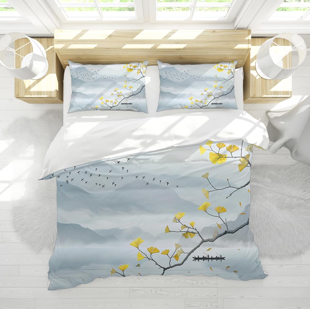 Ensemble de literie ginkgo et oiseaux pour créer une chambre zen au style asiatique