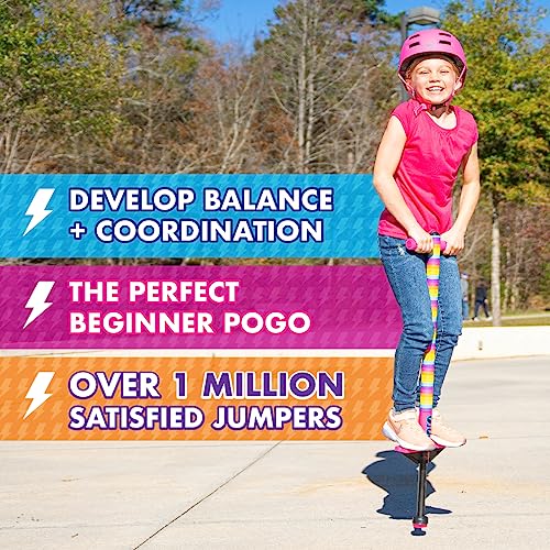 Image of Flybar Jolt Pogo Stick for Kids, Perfect for Beginners w / Foam-Covered Metal Frame, Handles & Padding, Non-Slip Foot Pads, Wide Tip, Outdoor Active Play Toy for Boys & Girls, Ages 6+, Rainbow