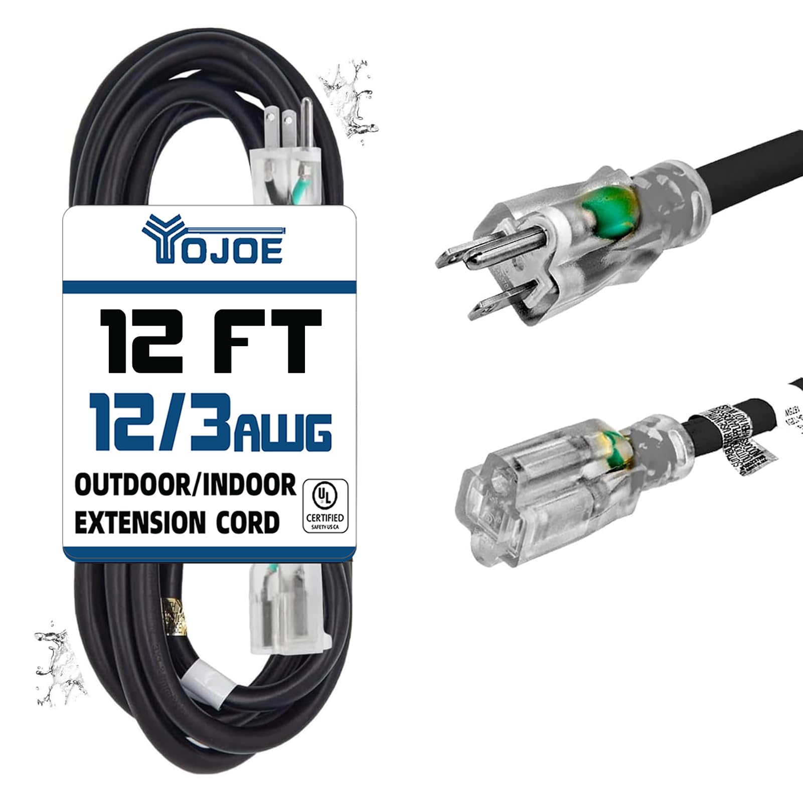 YOJOE - Cable de extensión para interiores y exteriores con extremo iluminado, cable de alimentación resistente a la intemperie de 3 clavijas, calibre 12, cable de extensión negro de 12 pies, para