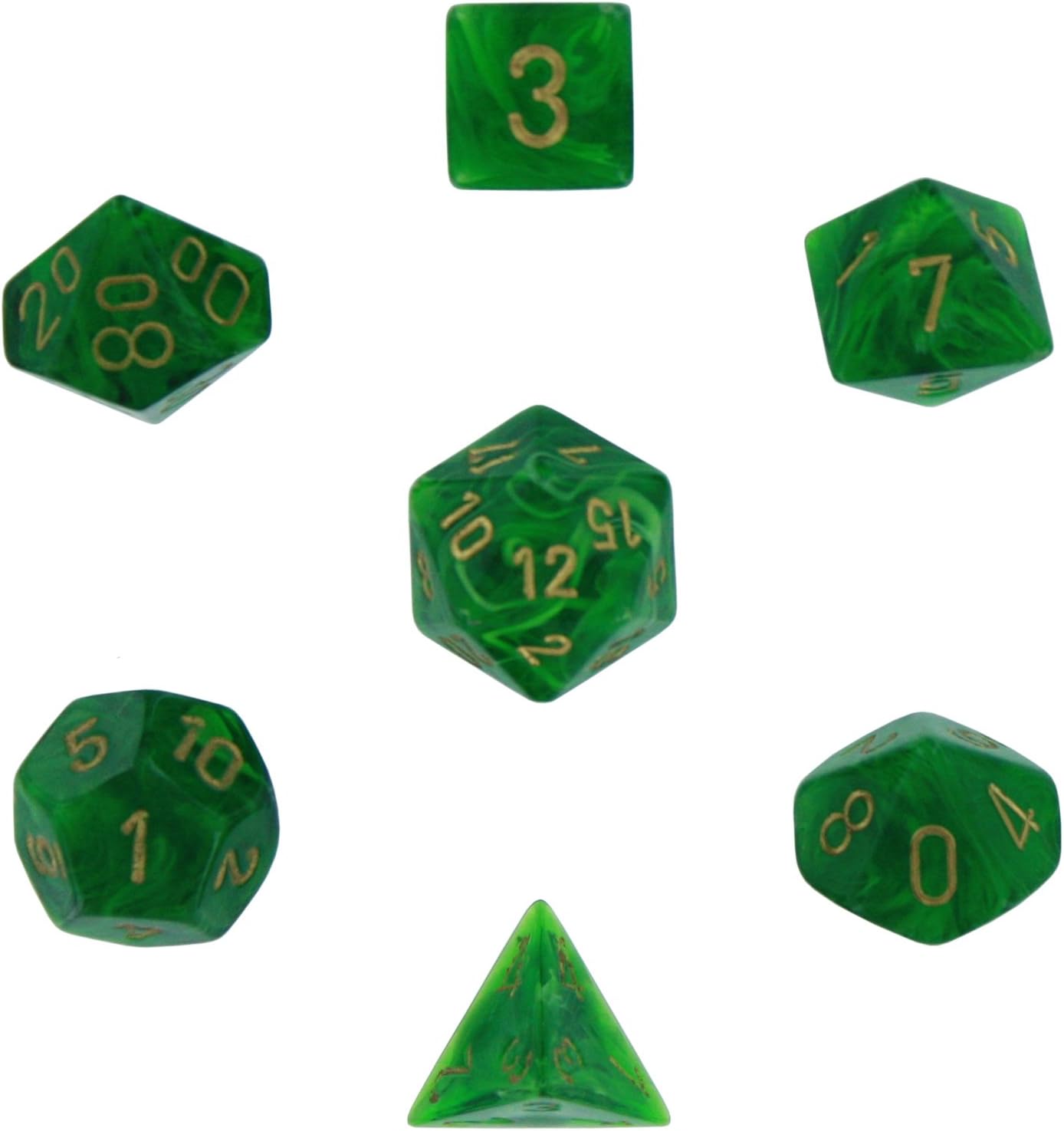 Chessex Dice: Polyhedral 7-Die Vortex Dice Set - Green w/Gold