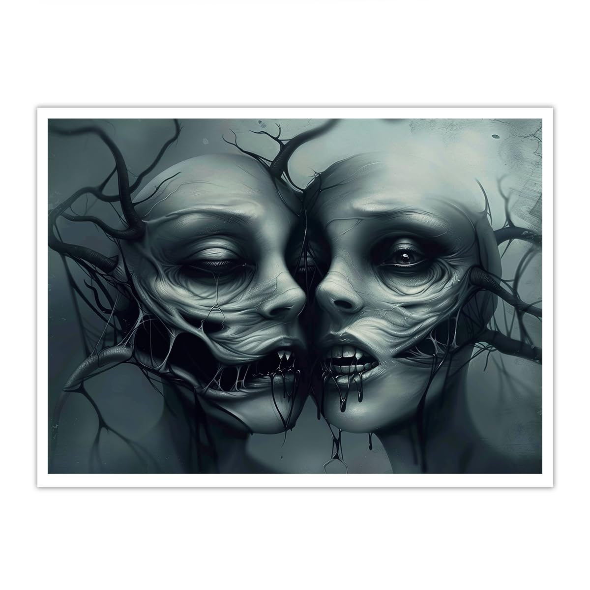 CHERHERART Dark Gothic Horror Faces Canvas Poster Twisted Roots Skull Wall Art Creepy Skeleton Canvas Picture for Halloween Bedroom Kitchen 45x60cm Frameless