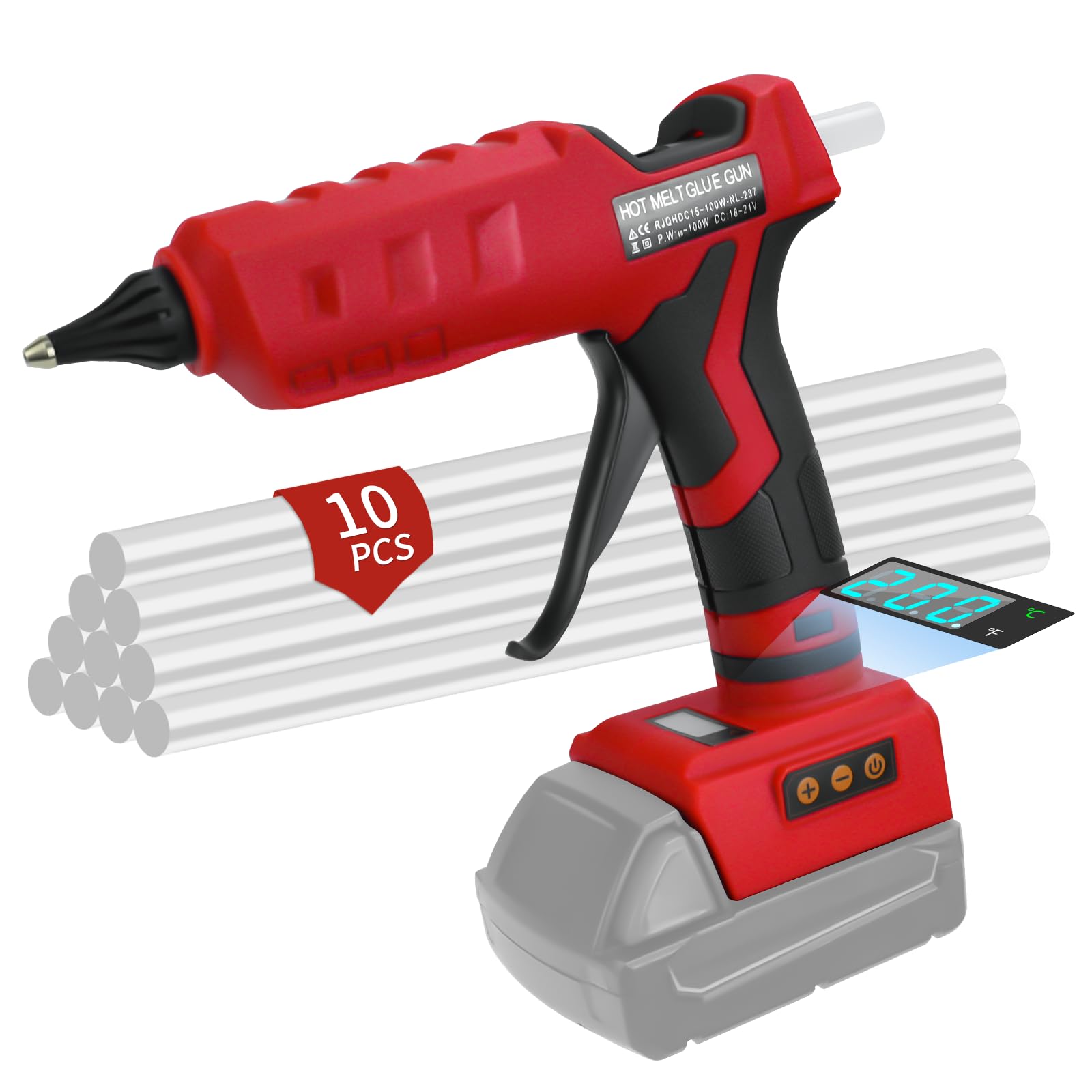 Pistolet à colle chaude sans fil pour batterie Milwaukee 18 V, pistolet à colle sans fil 100 W | Pistolet à colle numérique LED avec 10 bâtons de colle, pistolet à colle robuste pour bricolage, bricolage (sans batterie)