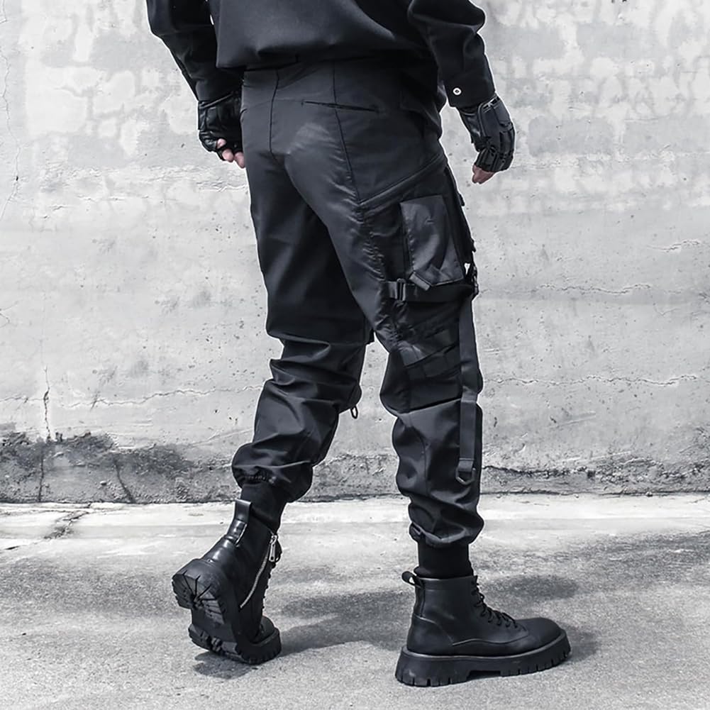 Punk-Joggerhose für Herren, mit mehreren Taschen, Streetwear, Cargohose, schwarz, taktische Techwear, Hip-Hop-Hose, Band