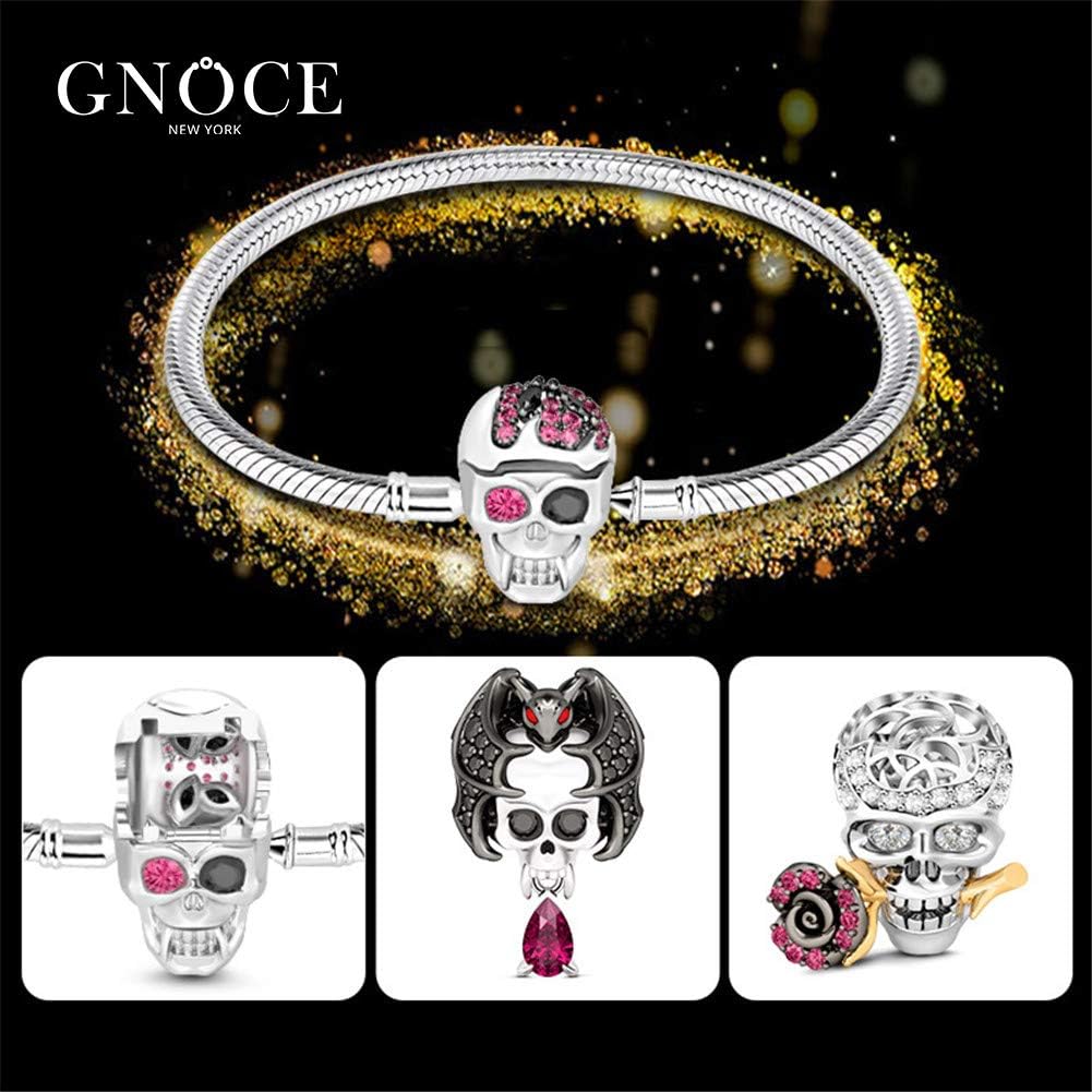 GNOCE "Elegant Skull" Skull Bracelet With Eye-Catching Black And Fuchsia Crystals Handcrafted Sterling Silver With An Elegant Bangle Fit All Major Brands Of Charms Bracelets (22.0 Centimeters（8.7in）)