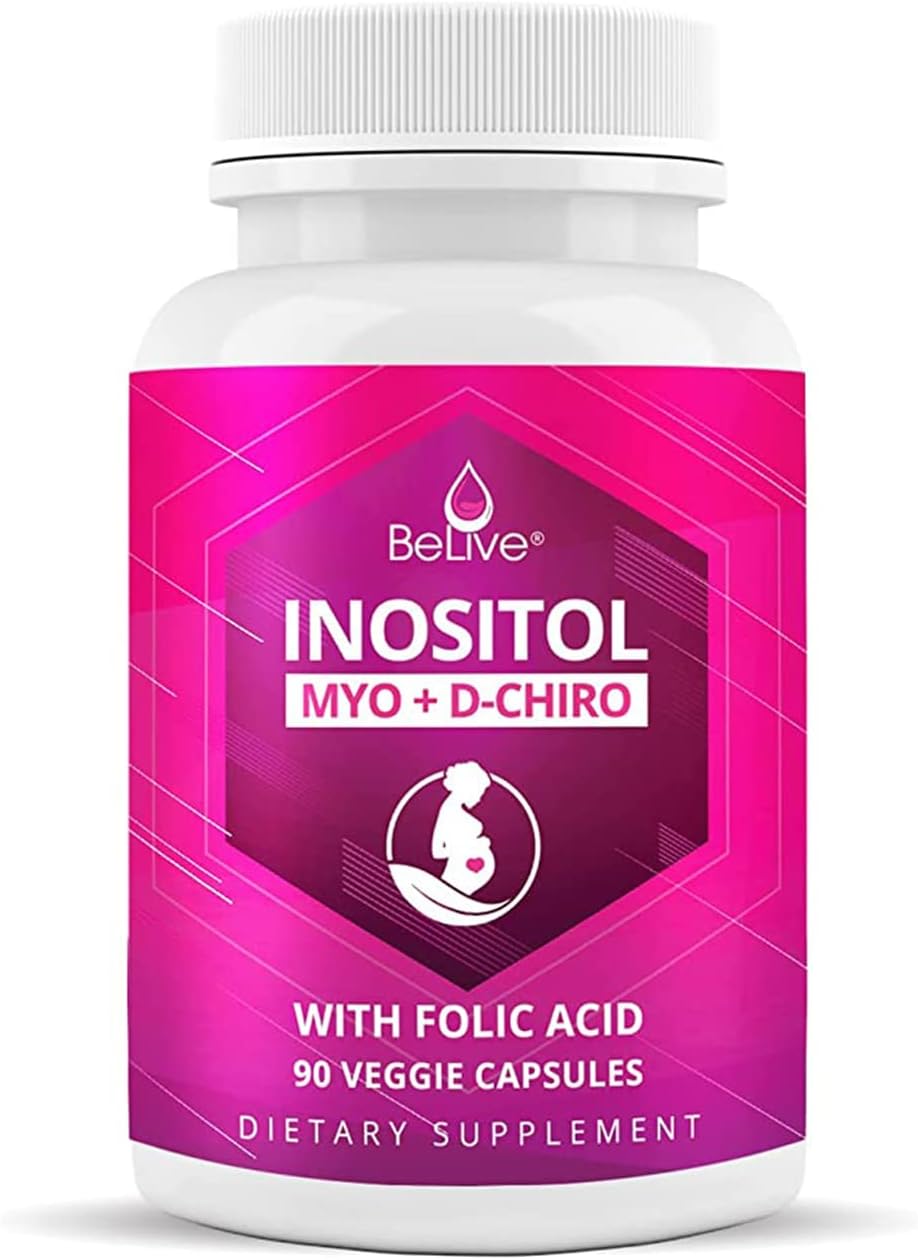 BeLiveMyo-Inositol & D-Chiro Inositol Capsules - 90Ct I Inositol Supplement with Folic Acid for PCOS, Reproductive Health & Hormonal Balance, Fertility Supplements for Woman, Optimal 40:1 Ratio (1)