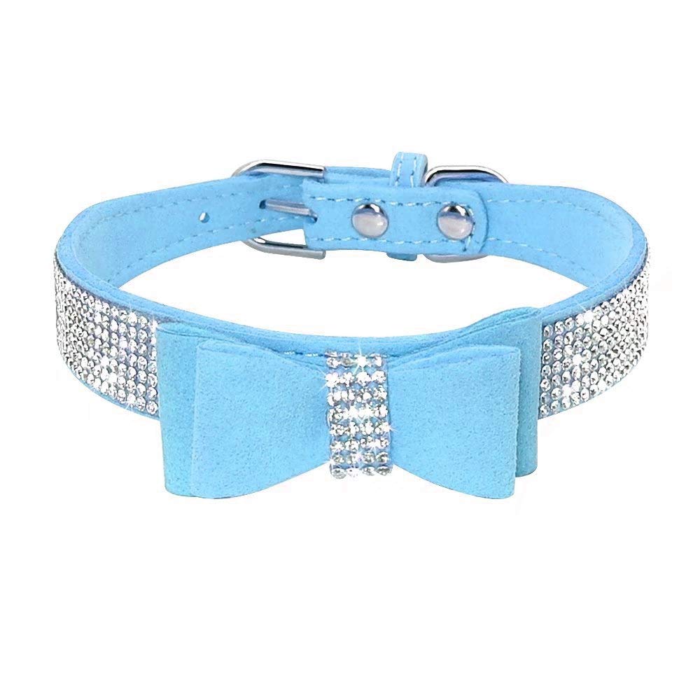 Haoyueer Rhinestone Dog Collar, Cute Dazzling Sparkling Soft Suede Leather Dog Cat Rhinestone Collar Crystal Diamond Pet Dog Puppy Collar (XS, Blue-1)