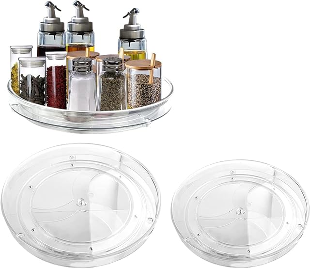 Lazy Susan Turntable Cupboard Organizer 2PCS Storage Kitchen Cupboards Spinning Storage Organiser Kitchen Turntable Lazy Susan Fridge Organiser Turntable Spice Rack Rotatable Condiment Holder 23/27CM