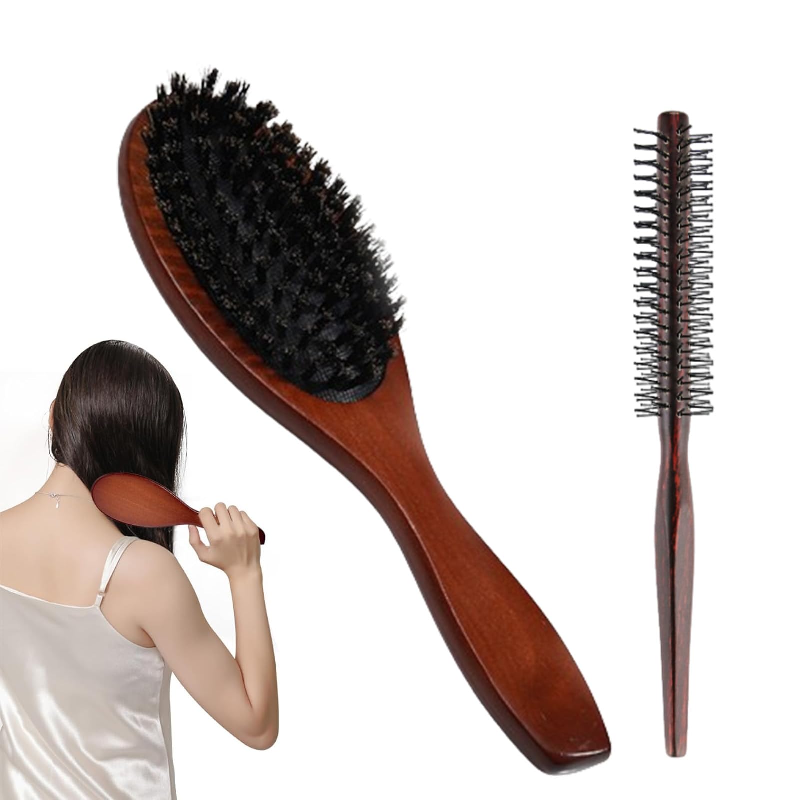 Cepillo Cerdas Jabalí, 2 Piezas Cepillo de Pelo de Cerdas de Jabalí y Peine Redondo Cepillo Para Barba Hombre Cepillo Pelo para Barba y Cabello Fino Reduce la Rotura