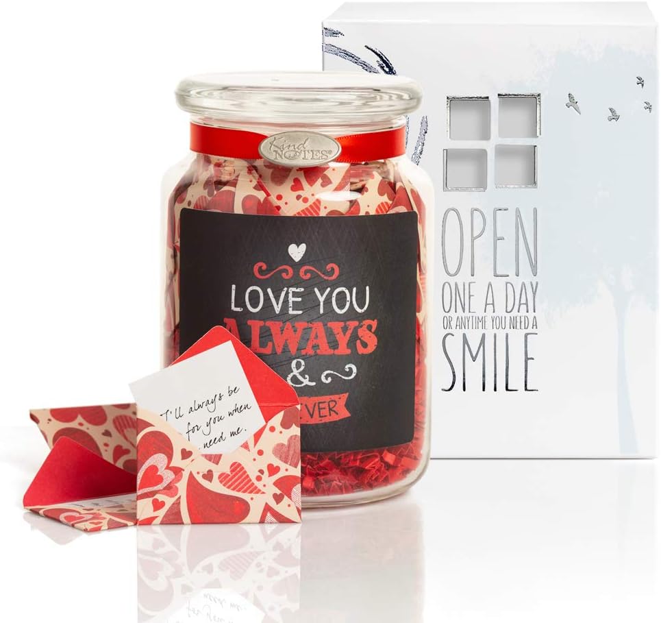 KindNotes Glass Keepsake Gift Jar with Long Distance Missing You Messages (for Couples) - Heart Garden Loving You Always