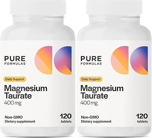 Pure Formulas Taurato de magnesio 400 mg  120 tabletas  Suplemento de magnesio sin OMG para salud cardiovascular, función muscular y relajación