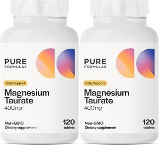 Pure Formulas Magnesium Taurate 400mg - 120 Tablets - Non-GMO Magnesium Supplement for Cardiovascular Health, Muscle Function, and Relaxation - Essential Mineral with Calming Taurine - 1-Month Supply