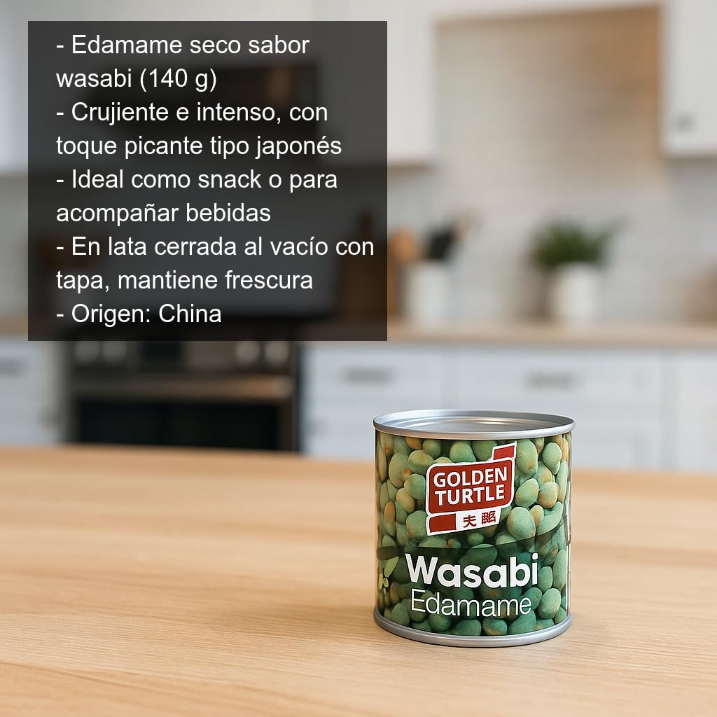 Edamame seco sabor wasabi 140 g en lata con tapa Snack japonés crujiente y picante para aperitivo, ensaladas y picoteo