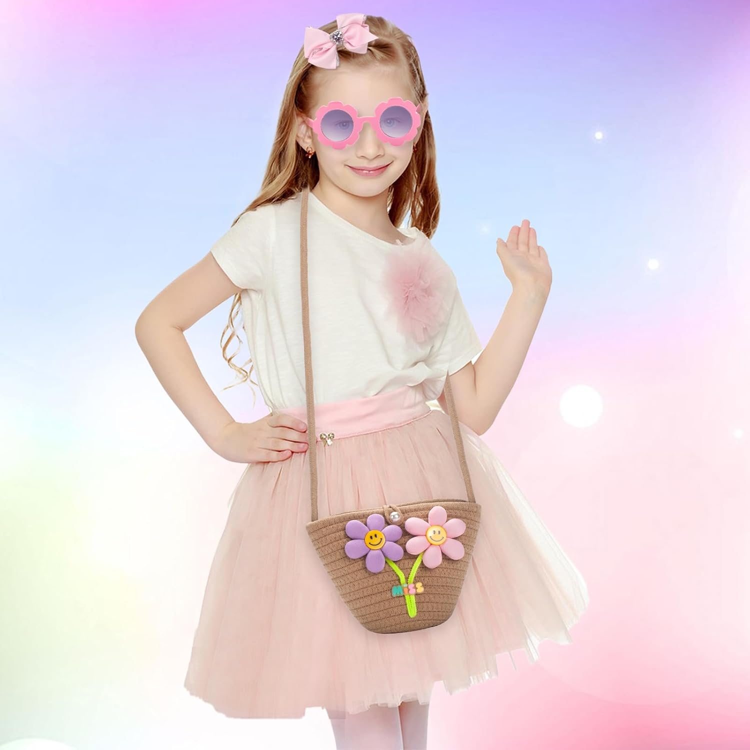 Little Girls Purse for Toddler, Kids Crossbody Bag with Sunglasses, Flower Girl Purse Woven Handbag - Image 2