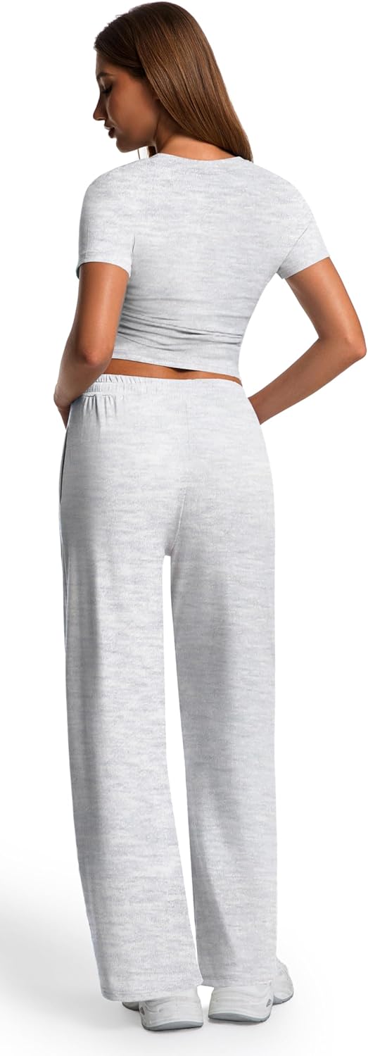 2 Piece Matching Summer Sweatsuit Lounge Set Womens Wide Leg Pants Side Ruching Crop Top Sets - Image 4