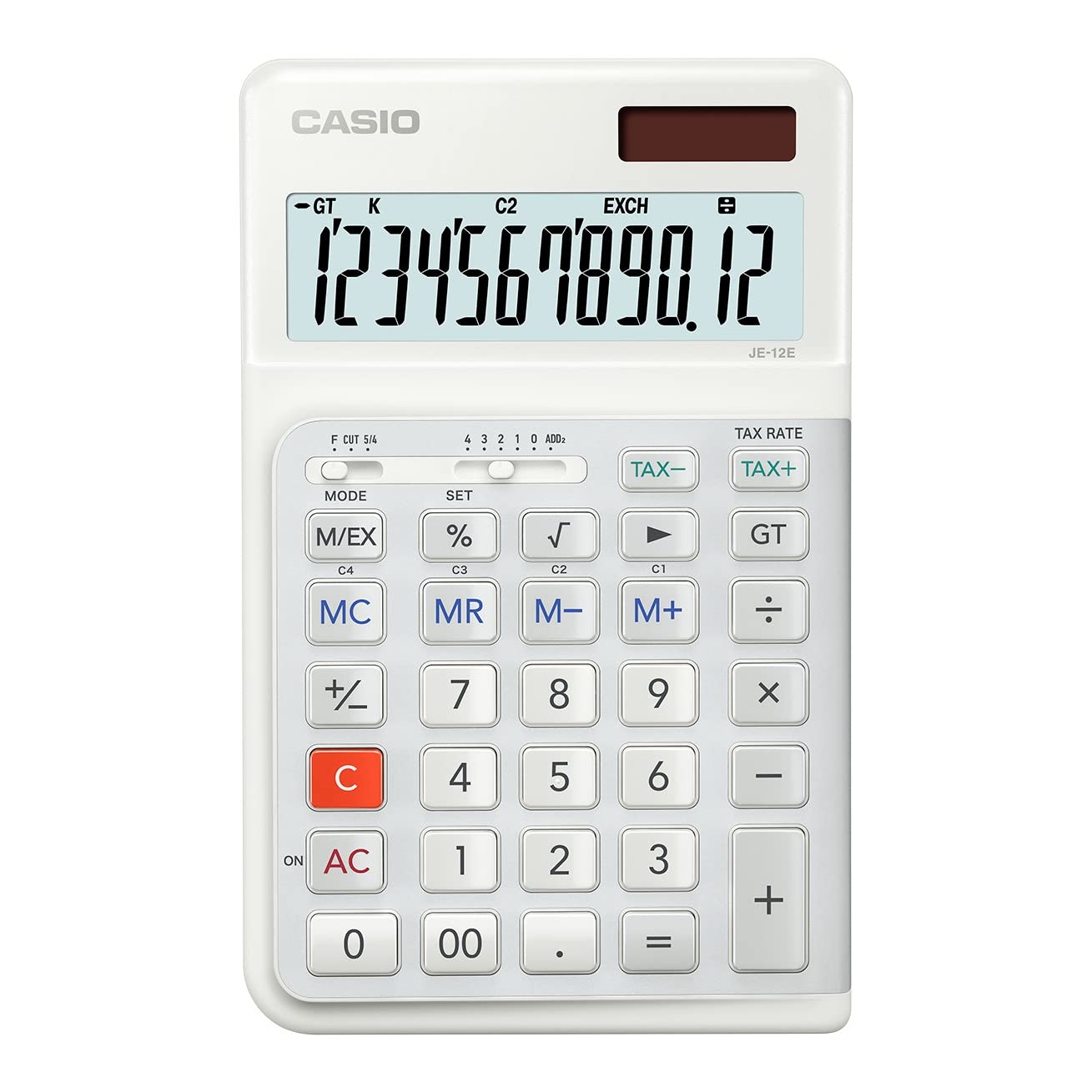 Casio Calcolatrice ergonomica da tavolo JE-12E-WE, 12 cifre, tastiera design scale, battute verticali, calcolo tasse, conversione valuta, cambio segno, funzionamento solare/batteria