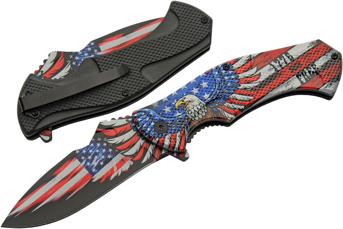 SZCO Supplies 8.75" USA Eagle Flag Assisted Open Folding Knife With Pocket Clip, Red White Blue