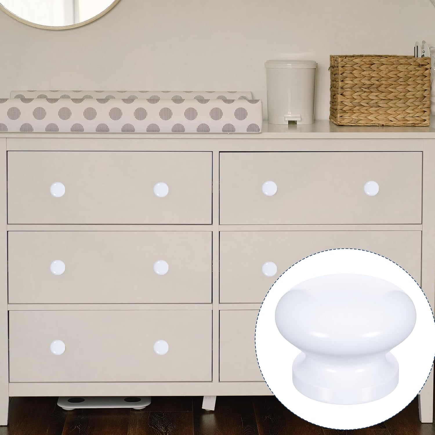 Styquenzer 6 Pcs White Cabinet Knobs Drawer Knobs Modern Round Wooden Drawer Knob Closet Knob for Bifold Doors for Furniture Cupboard Dresser