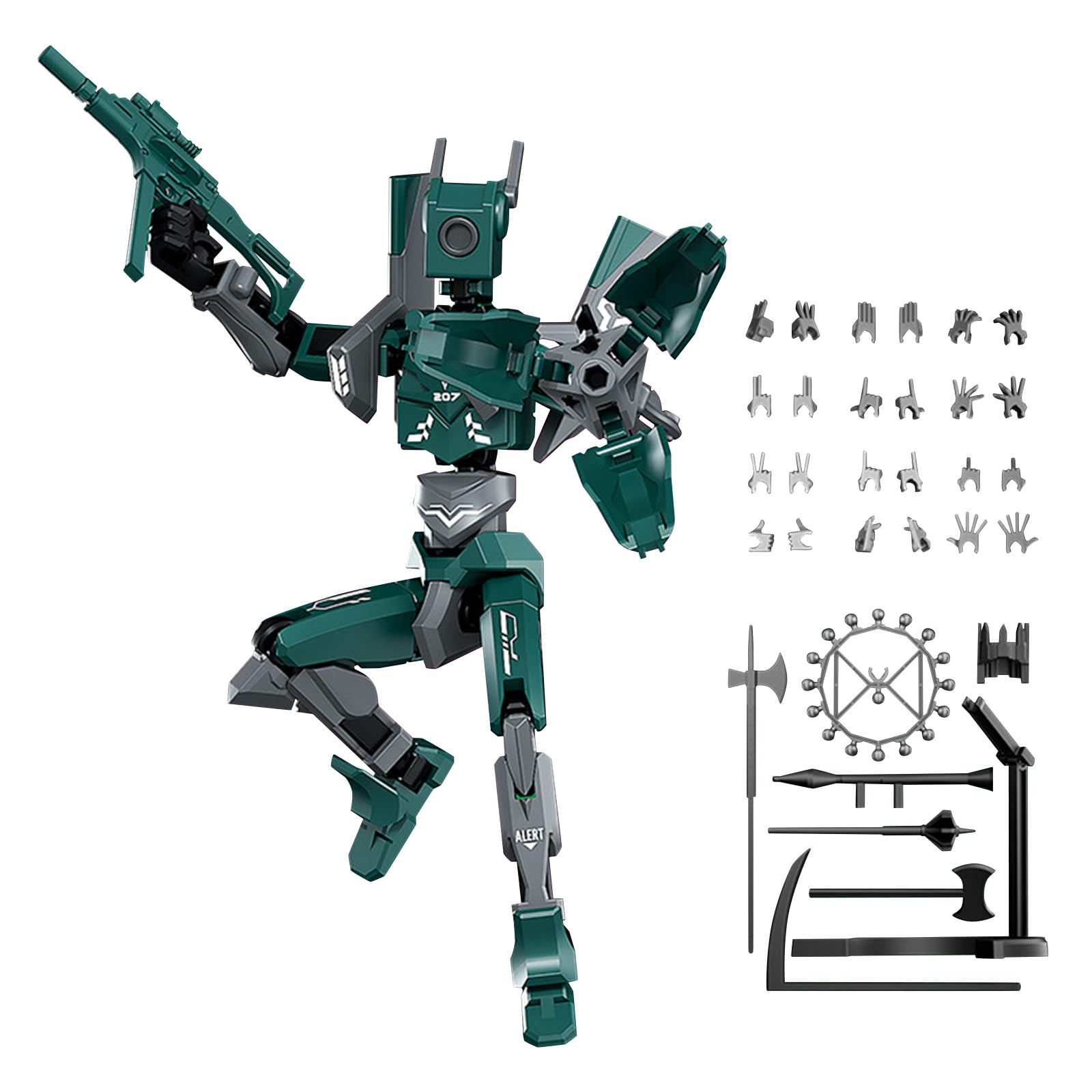 Sentinel 13 Action Figure Sixth Generation Dummy 13 Magnetic T13 Articulated Multi-Jointed Movable Robot PVC Model with Rotating Bearing Luxury Multi Weapon Accessories DIY Sticker (Green)