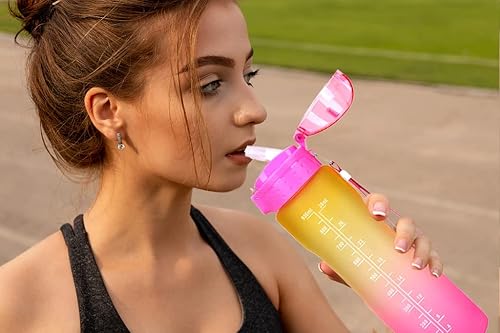 Miniatura 7 de XACIOA - Botella de agua de 32 onzas con pajita y marcador de tiempo motivacional, a prueba de fugas, sin BPA, garantiza que bebas suficiente agua