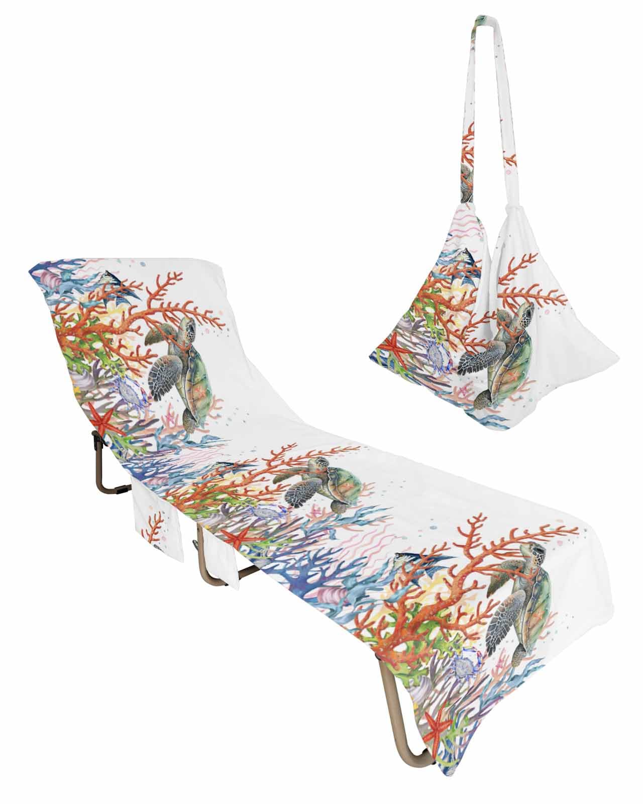 Sea Turtle Beach Lounge Chair Towel Cover, Soft Chaise Lounge Towel with Side Pockets Patio Pool Chairs Cover for Beach/Pool Sunbathing 29x85 Colorful Coastal Coral Nautical Ocean